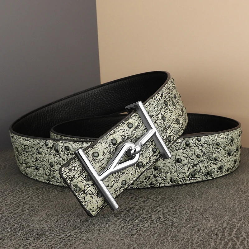 High quality Ostrich pattern leather letter slide buckle designer belts men brand luxury 3.8cm wide younth jeans gray Waistband