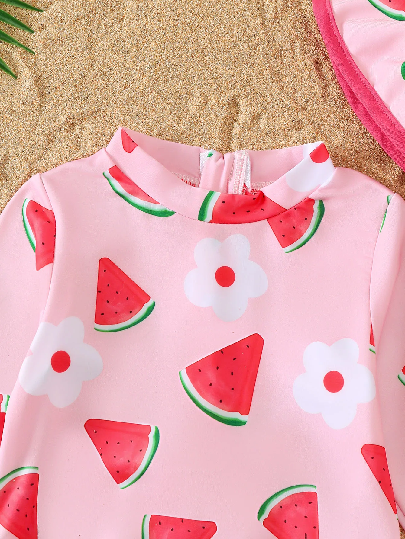 Baby Girl Summer Watermelon Pattern Long Sleeve Onesie Swimsuit with Sun Hat Infant Swimming Suit Set view 4