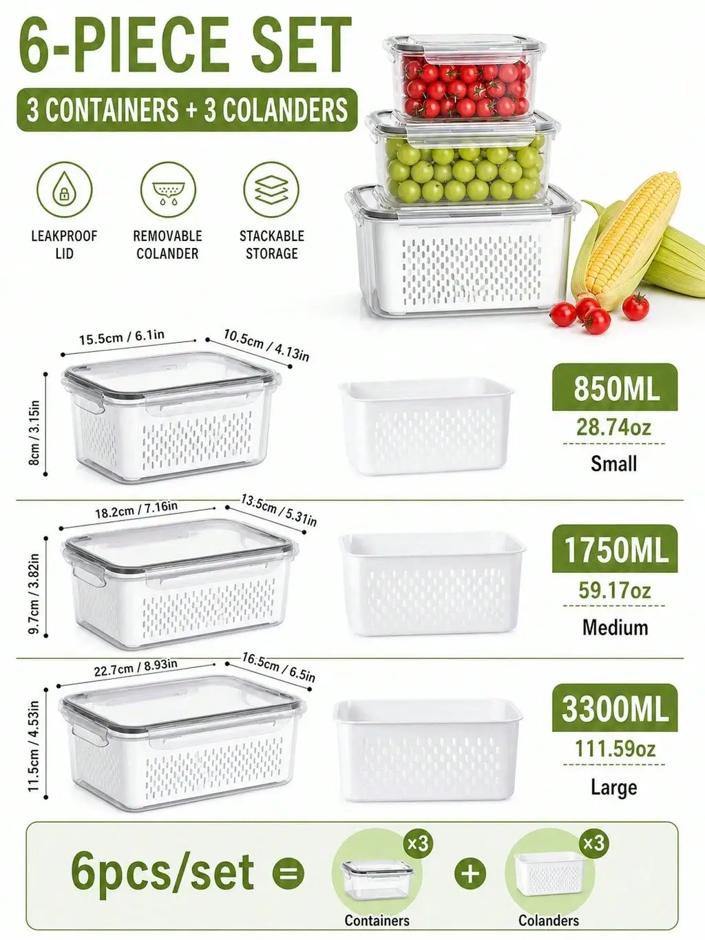 Stackable Vegetable Storage Boxes with Colander Inserts, 6-Piece Set for Vegetable Prep Organizer