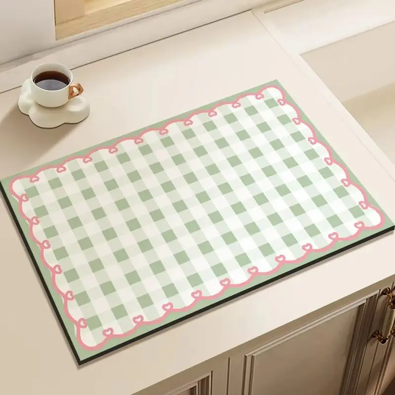 Checkered Heart-Patterned Wavy Lace Dish Rack Mat, Absorbent Countertop Mat, Coffee Table Drip Mat, Home Decor
