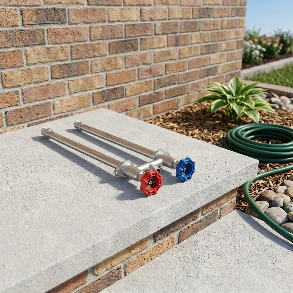 Exterior No-Frost Faucet Built for Hot and Cold Water Supply Lines with Integrated Frost-Resistant Valve Mechanism
