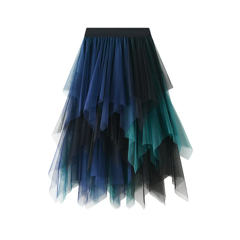 Green Patchwork Irregular Tulle Skirt Women 2022 New Spring Summer High Waist Midi Long Tutu Skirt Female Jupe Longue