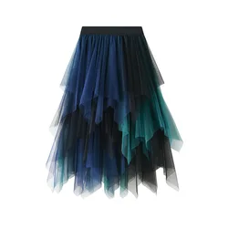 Jupe Longue en Tulle pour femmes, vert Patchwork, irrégulière, taille haute, Midi, Tutu, nouvelle collection printemps été 2022