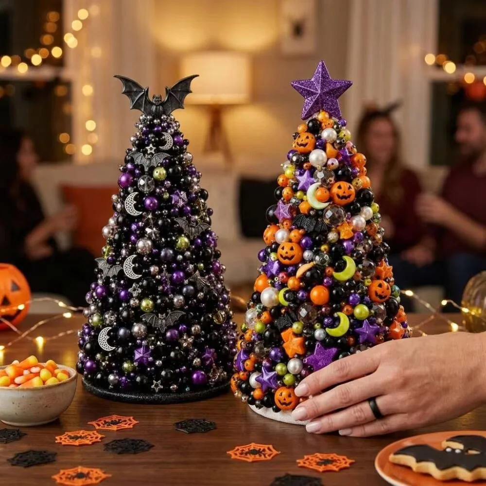 Handmade Halloween Beaded Decor Tree With Ghost Moon Rhinestone Details For Home Tabletop Holiday Party Decor image 6