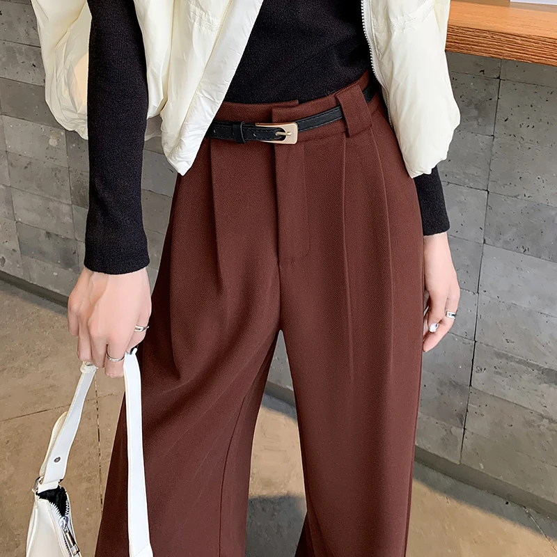 

Осень-зима, толстые шерстяные брюки для женщин, широкие брюки с высокой талией на молнии, женские брюки 2025 года, новые плиссированные передние брюки