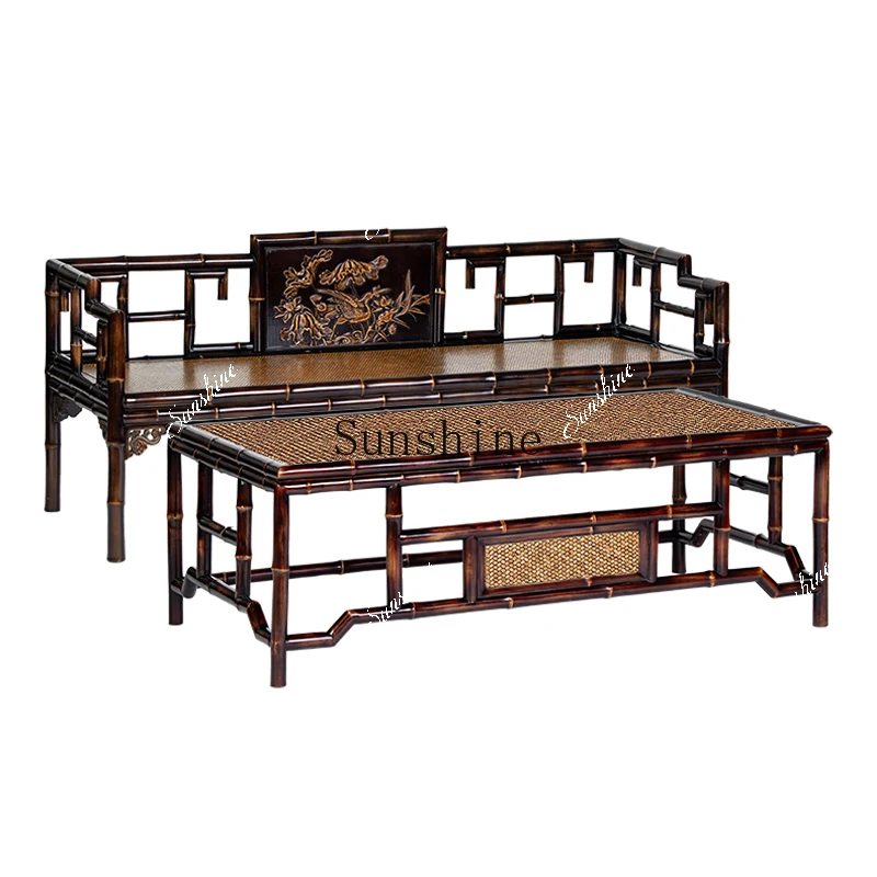 Chinese dragon bamboo coffee table sofa combination living room office furniture with backrest armrest retro  FT