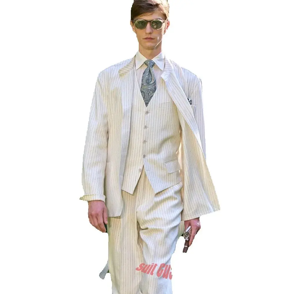 Men's Vintage White Pinstripe 3-Piece Suit Formal Jacket+Vest+Pants Set for Summer Garden Party Wedding Groom Attire