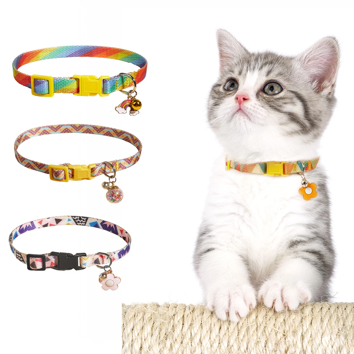 Nur süßes Katzenhalsband für Kätzchen und Welpen, Haustierhalsband mit Anhänger, Glocken, bedrucktem Muster, trendigem, verstellbarem, dekorativem Halsring – Detail 1
