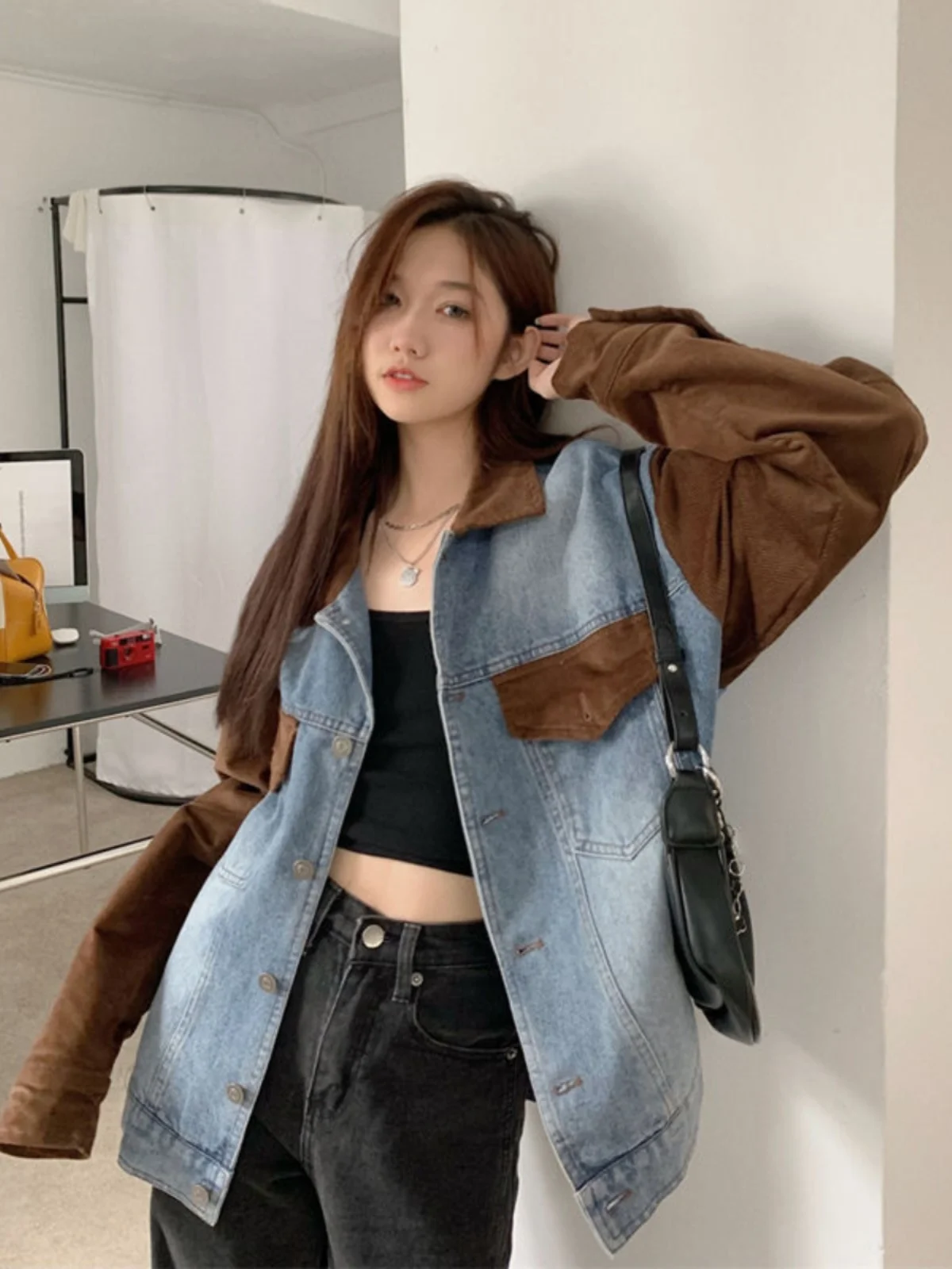 

Large Size 300 Pou Retro Patchwork Workwear Denim Jaet ex Spring Autumn American Casual Couple Outerwear