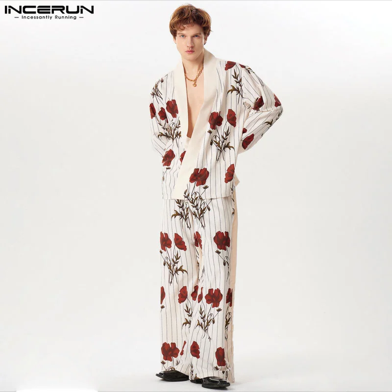 INCERUN 2024 American Style Mens Sets Stylish Floral Pattern Loose Long Sleeved Cardigan Wide Leg Pants Male Suit 2 Pieces S-5XL