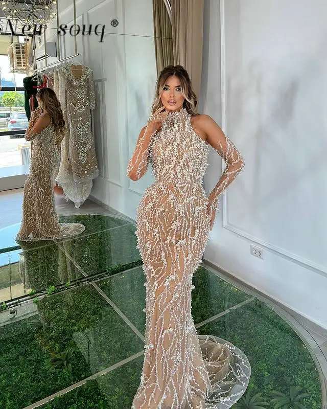 Arabic Nude Champagne High Neck Evening Dresses Pearl Sequins Mermaid Celebrity Prom Gowns Customize Night Party Vestidos 2024