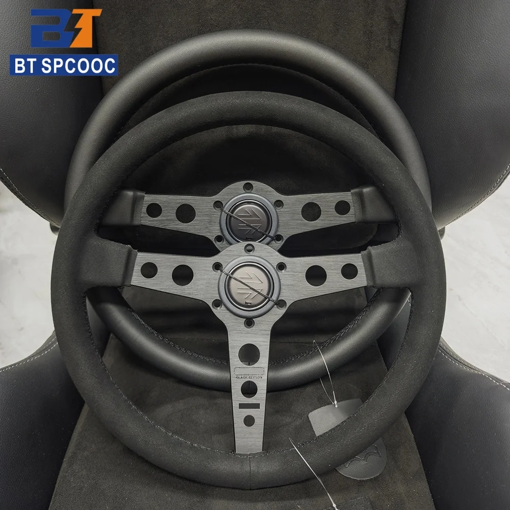 Black Edition Flat P5 Steering Wheel Real Leather / Suede Leather Universal 14inch 350mm Car Sports Steering Wheel