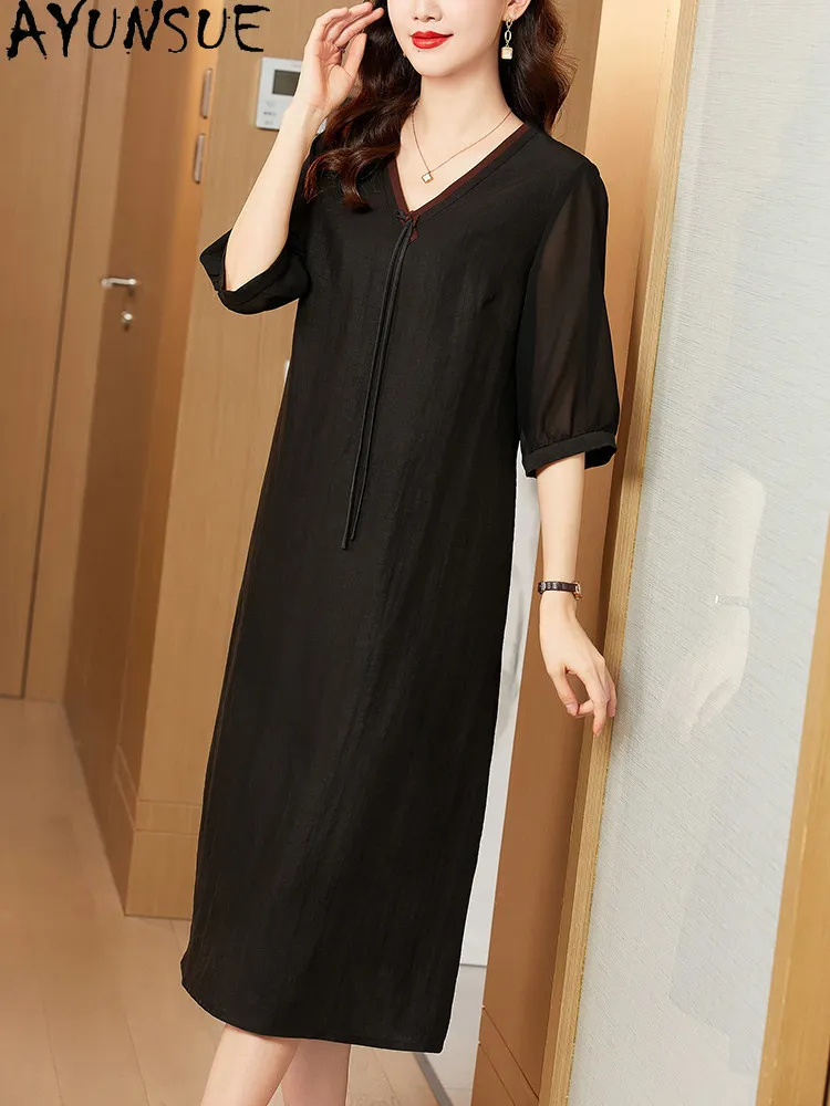 AYUNSUE 100% Real Mulberry Silk Elegant Womens Dresses Vintage Summer Dress Women Clothes Loose Waist Gambiered Guangdong Gauze