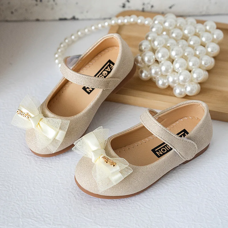 Spring Autumn Girls Shoes Baby Ballet Flats Shoes Lace Bow Glitter Bling Princess Soft Soled Shoes Children Wedding Dance Shoes