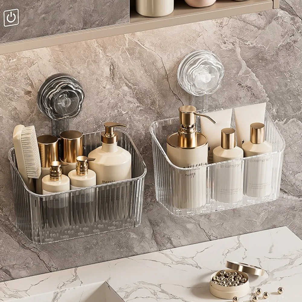 

Transparent Suction Cup Storage Rack No-Drill Wall Mounted Cosmetic Storage Box Large Capacity Strong Load-Bearing