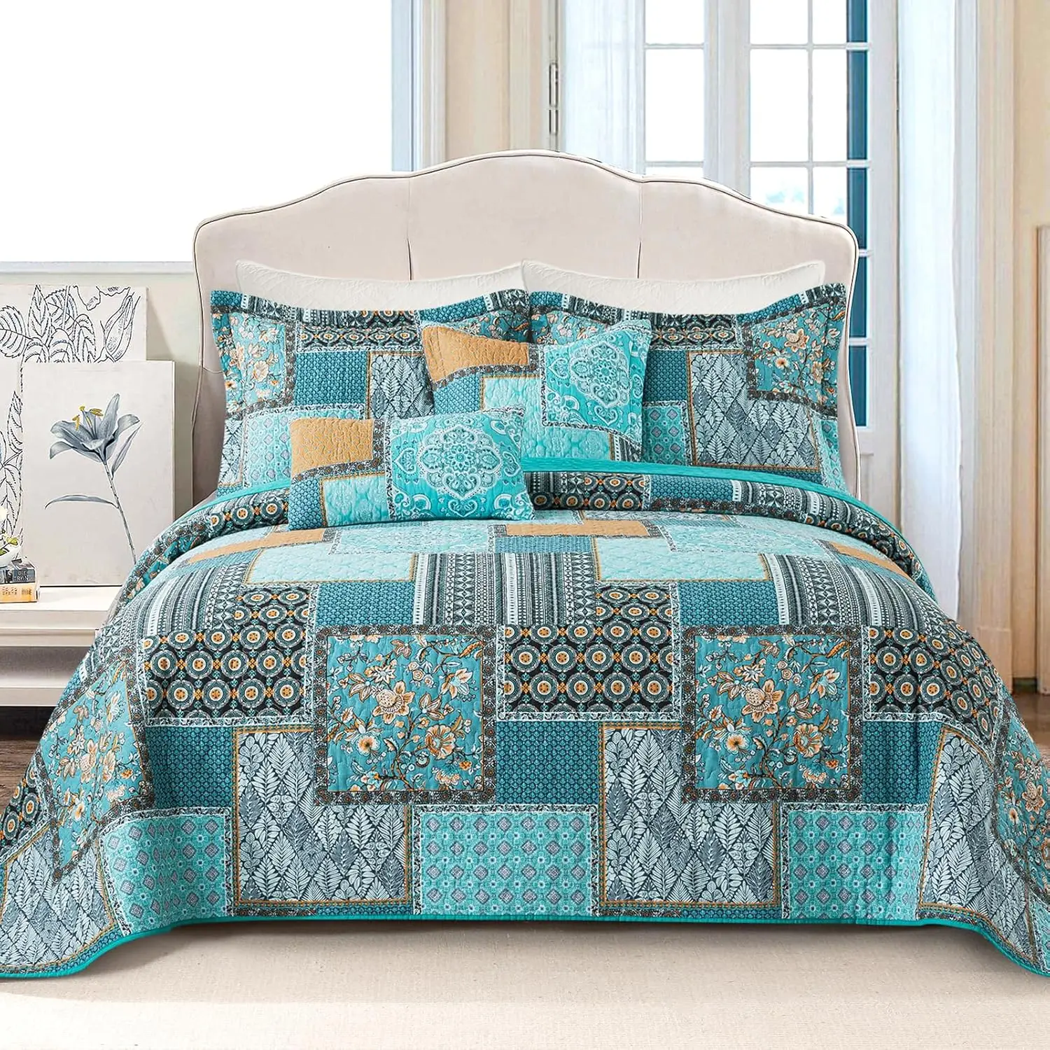 

Twin Size Cotton Quilt Set 2 Pieces - Lightweight Reversible Bedspread for All Season, Farmhouse Floral Coverlet with Pillow