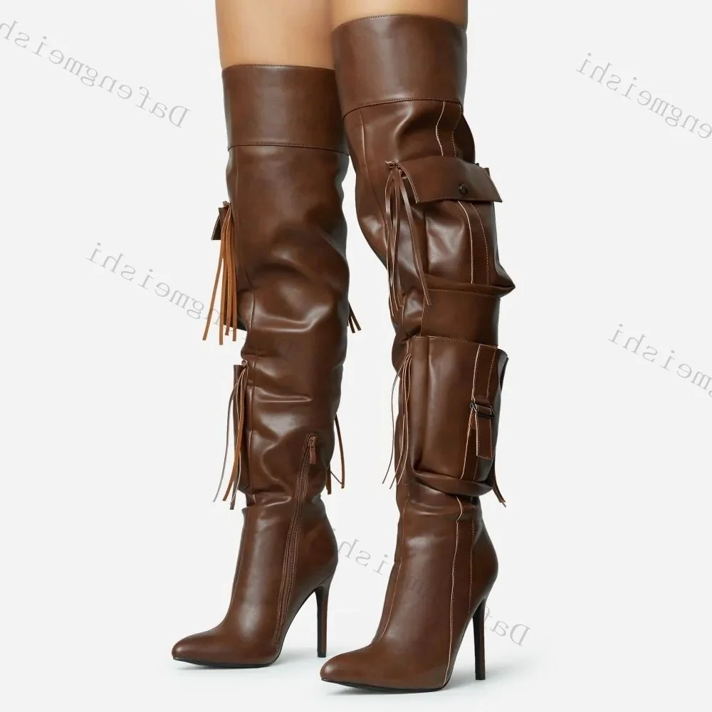 Brown Pocket Thigh High Boots Wide Pleated Leather Pointed Toe Side Zipper Stiletto Heels Boots Women Western Fashion Booties