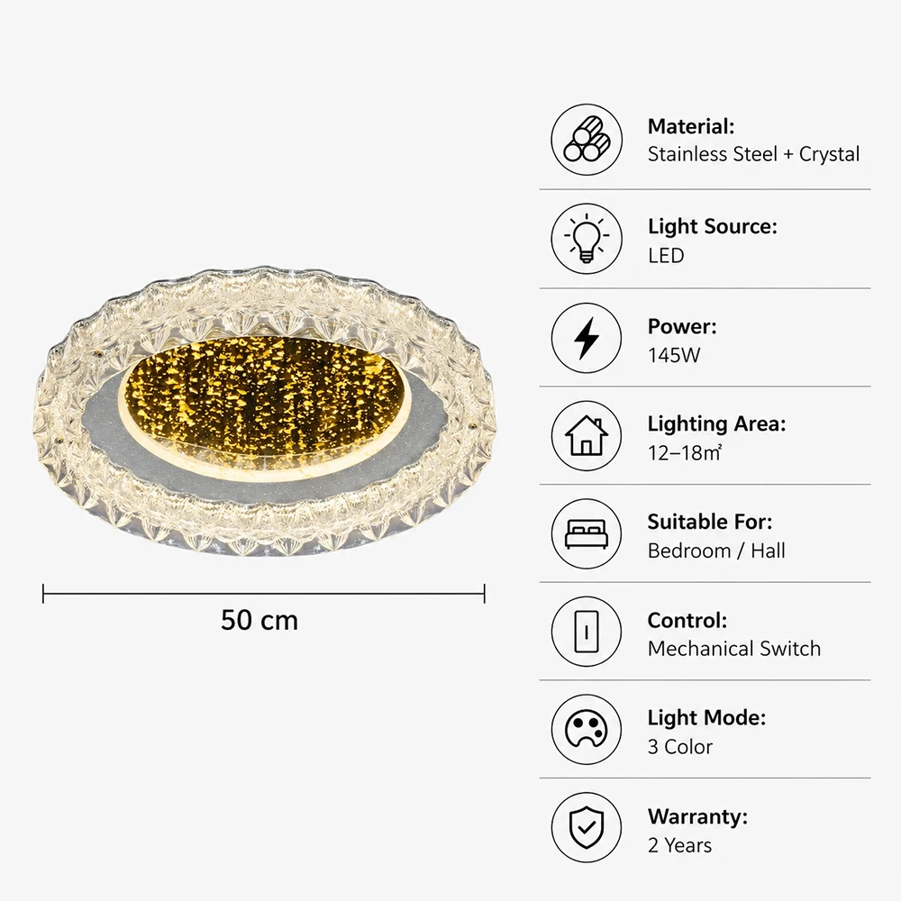 Luxury Round Crystal LED Flush Mount Ceiling Light, Golden Starry Design Lamp Fixture for Living Room Bedroom Home Decor
