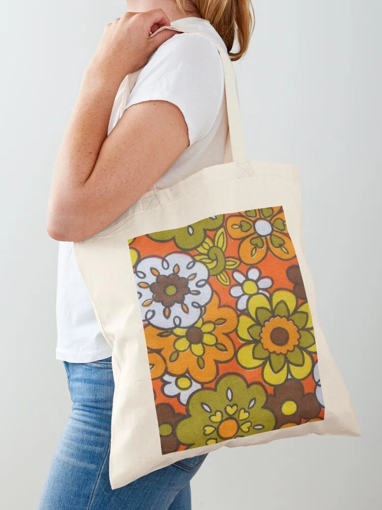 

Retro Cool Mid Century Floral Fabric Design in Avocado Green, Harvest Gold, Brown, and Orange Tote Bag tote bag screen