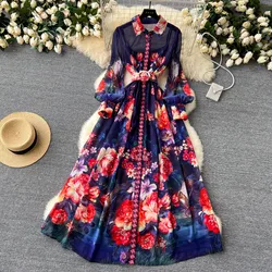 Gorgeous Flower Flowy Chiffon Dress Women's Turn Down Neck Long Sleeve Single Breasted Floral Print Belt Long Robe Vestidos 2062