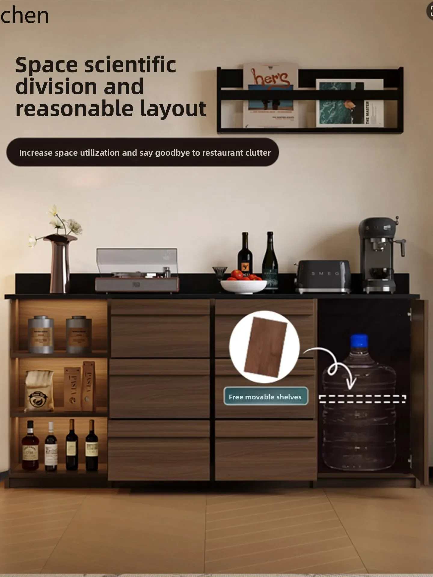 DSASkeleton Line Solid Wood Sideboard Integrated Wall-Mounted Living Room Side Cabinet Retro Coffee  with Socket Tea Cabinet