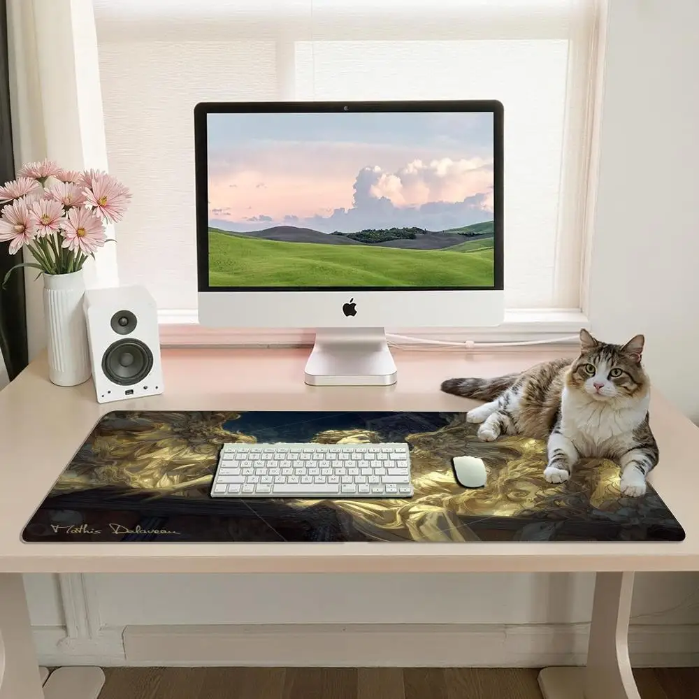 Large Computer Desk Pad Baroque Golden Angel Sculpture Art Pattern Non Slip Gaming Mouse Mat for Office and Game Setup