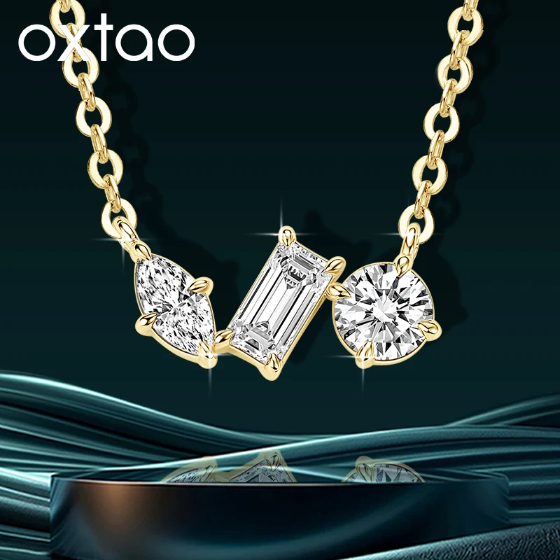 OXTAO Drop Square Pendant Necklace Women's Gold Geometric Three-Stone Moissanite Necklace Luxury Jewelry D VVS1 14K Gold Filled