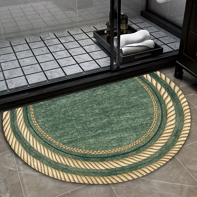 Modern Semicircular Welcome Mat Green Woven Pattern Half Moon Entrance Rug Non Slip Washable Floor Carpet For Kitchen Bathroom