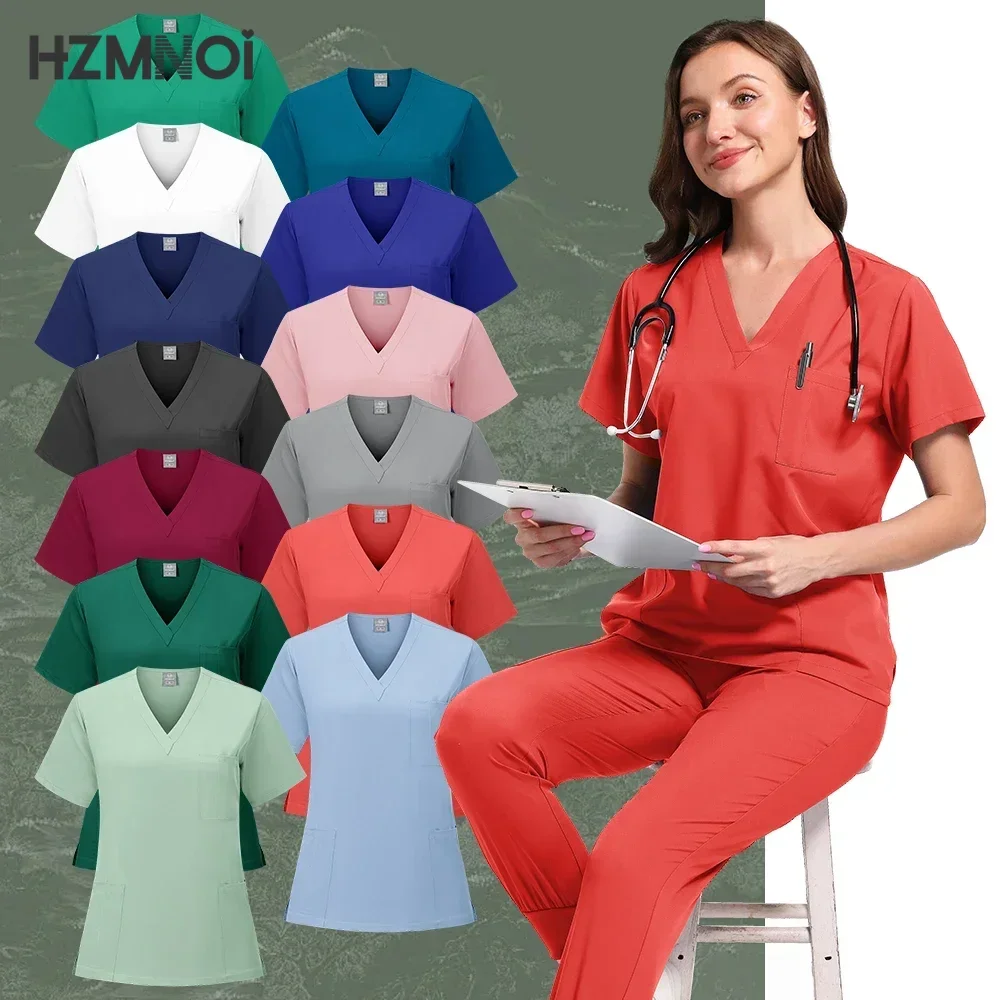 Setelan seragam Scrub, atasan lengan pendek leher V + celana jogging Set seragam perawatan wanita, pakaian kerja medis dokter hewan peliharaan multi Warna