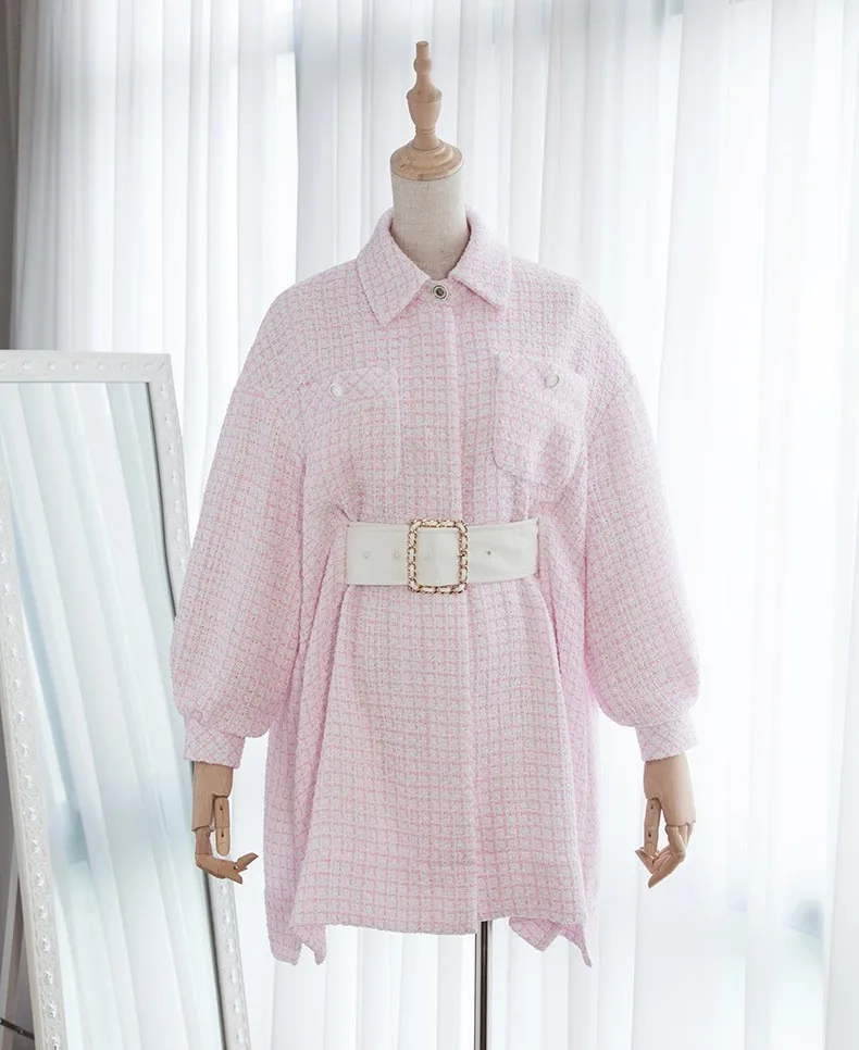 

2023 Spring Autumn Chic Women's High Quality Lanter Sleeves Pink Plaid Tweed Coat B562