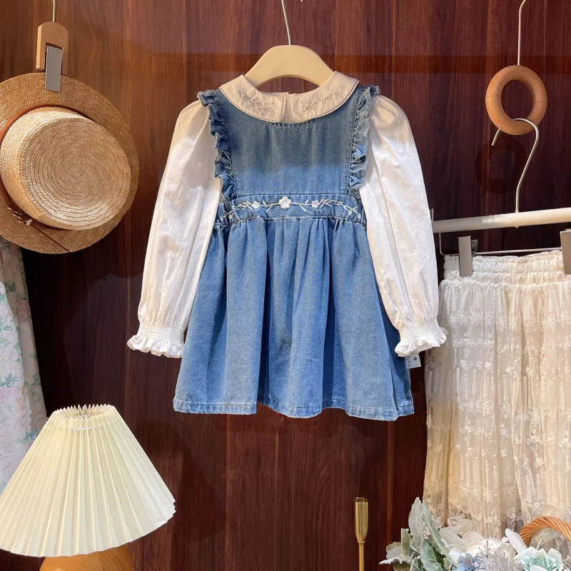 

Children's Outfit Set New Autumn Girls' Stylish Doll Collar Top with Denim Dress Two-Piece Set