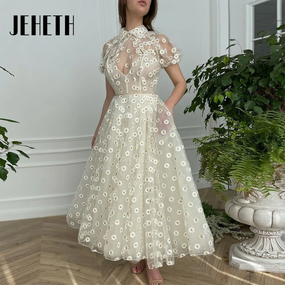 

JEHETH Daisy Midi Prom Dress Short Sleeves Sheer High Neck Tulle Ankle Length A-Line Party Illusion Evening Gowns Robe De Mariee