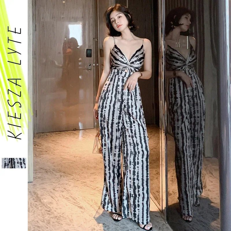 

2024 Summer Sexy Leopard Print Jumpsuit V Neck Silky Straight Long Wide Leg Jumpsuits Playsuit Trousers Overalls Streetwear