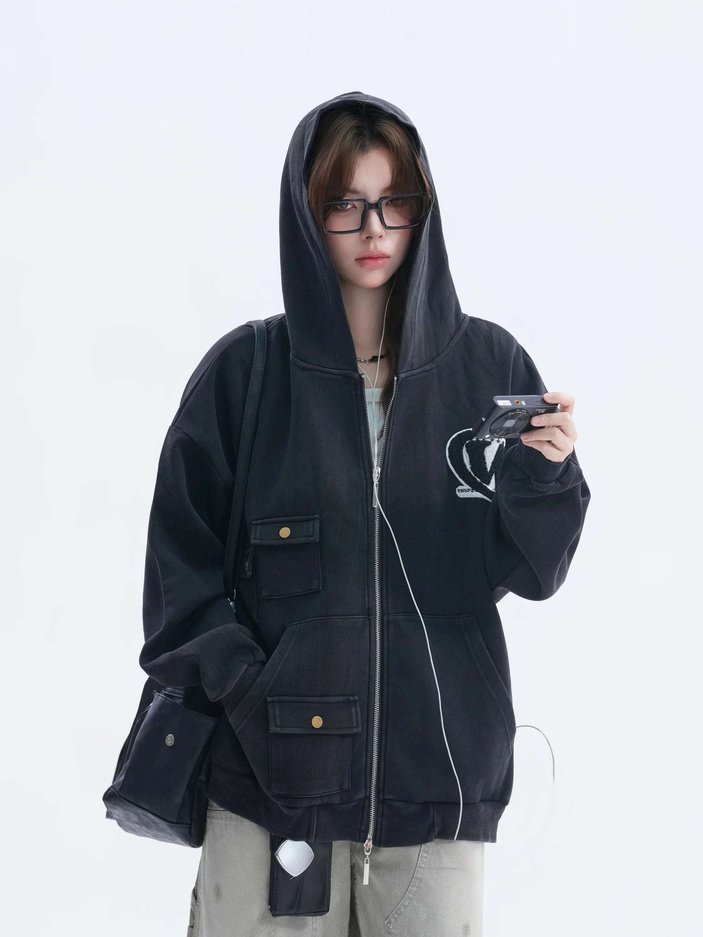 Washed Patchwork Hoodie Sweatshirt Lazy Style Coat American Retro Style Long Sleeve Zipper Decoration Casual Loose Fit Coat