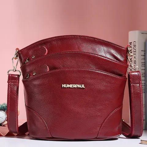 HUMERPAUL Women Genuine Leather Crossbody Bag Multi Pockets Bucket Purse Wide Strap Ladies Daily Handbag 5 Colors