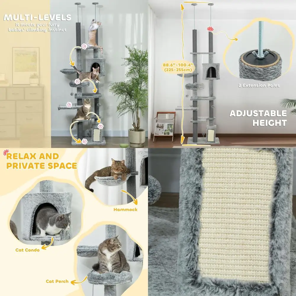 

Дерево для кошек с регулируемой высотой 89-100 см, с лежанкой, домиком, гамаками и стойками для когтеточков для домашних кошек - серый