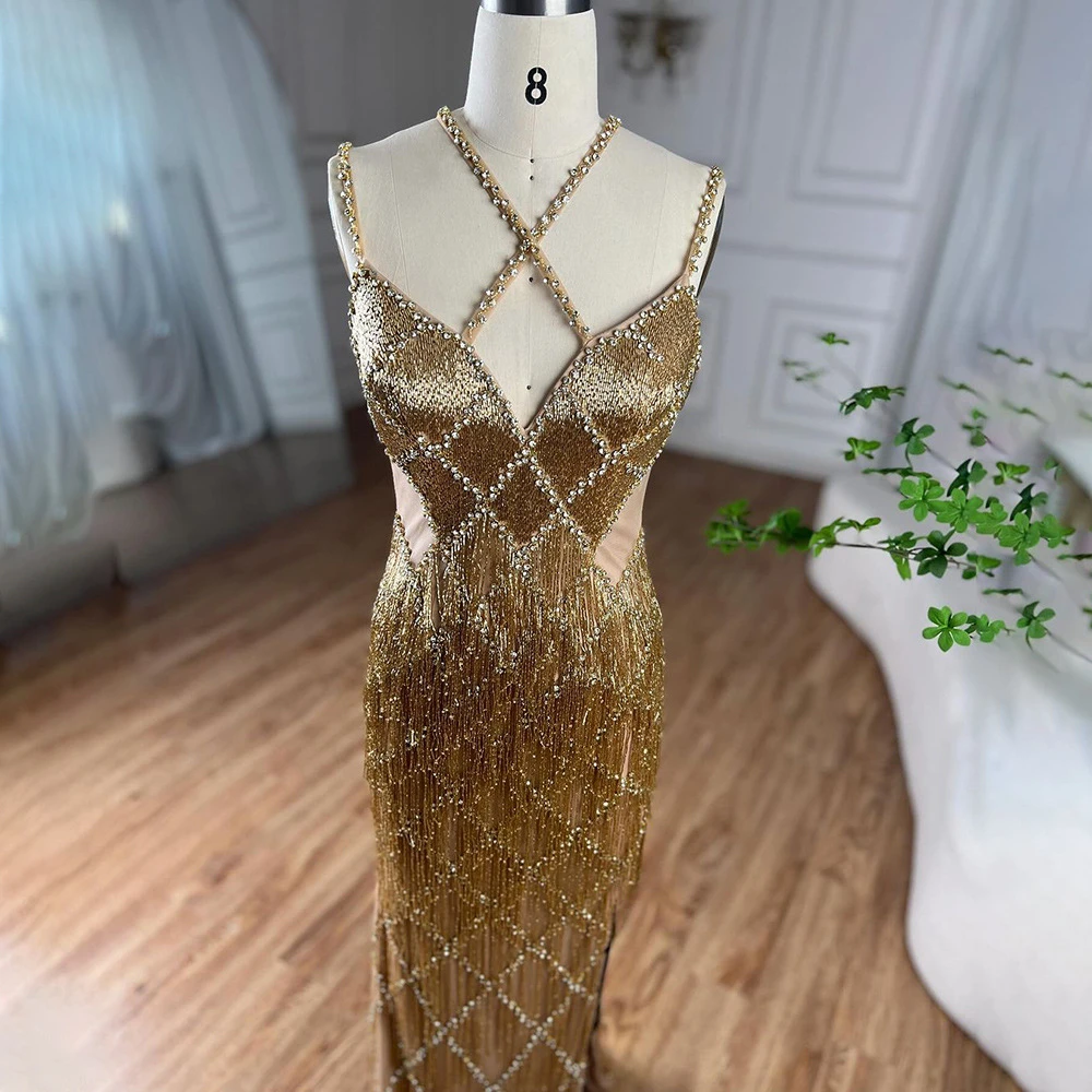 Gold Crystals Sexy Evening Dress Criss Cross Backless Long Prom Dresses Sheath Party Gown For Women Modern Design Formal Gown