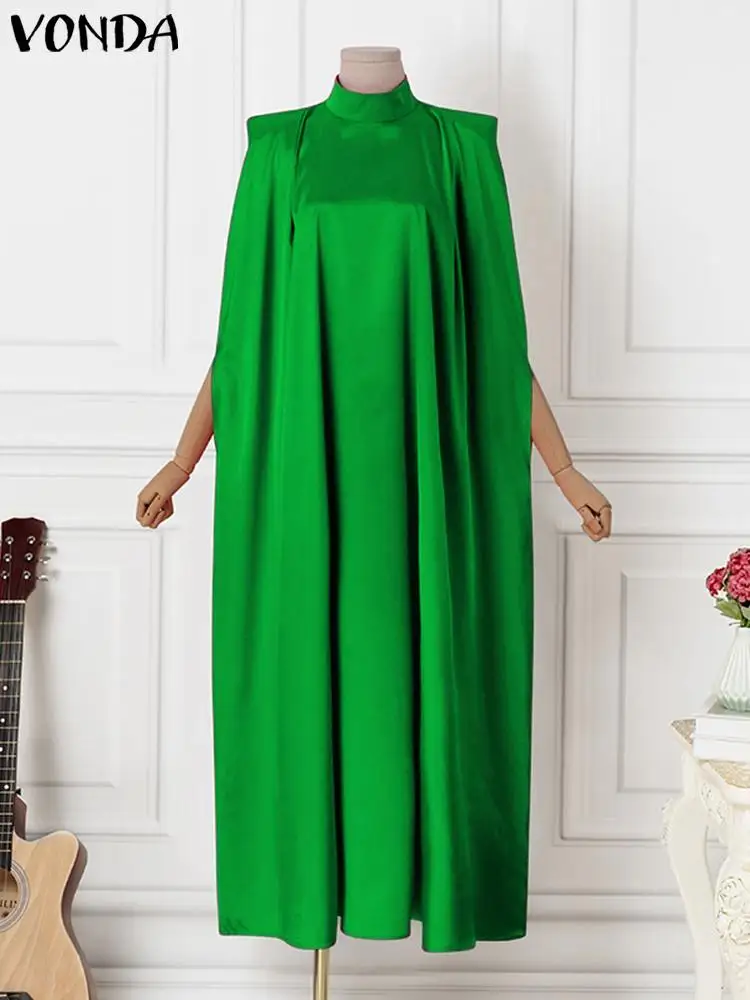 Plus Size Women Dress 5XL VONDA 2023 Stand Collar Elegant Satin Dress Long  Bat Sleeve Evening Pleated Maxi Sundress Casual Robe - AliExpress 200000345