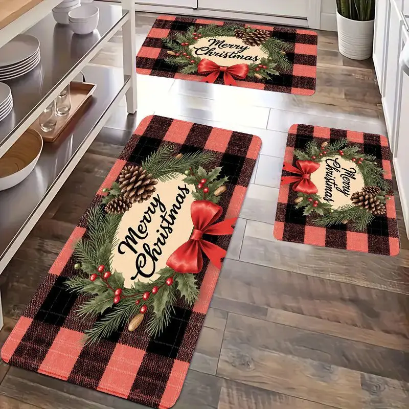 VIKAMA Christmas Happy Kitchen Floor Mat Anti-Slip and Easy-to-Clean Entrance Corridor Carpet Bedroom Floor Mat Home Decoration