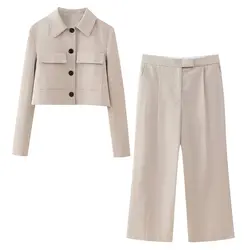 TRAFZA-Costume de Bureau pour Femme, Blazer Court à Simple Boutonnage + Fermeture Éclair, Pantalon Long à Jambes Larges, Ensembles Élégants et Décontractés, Printemps 2024