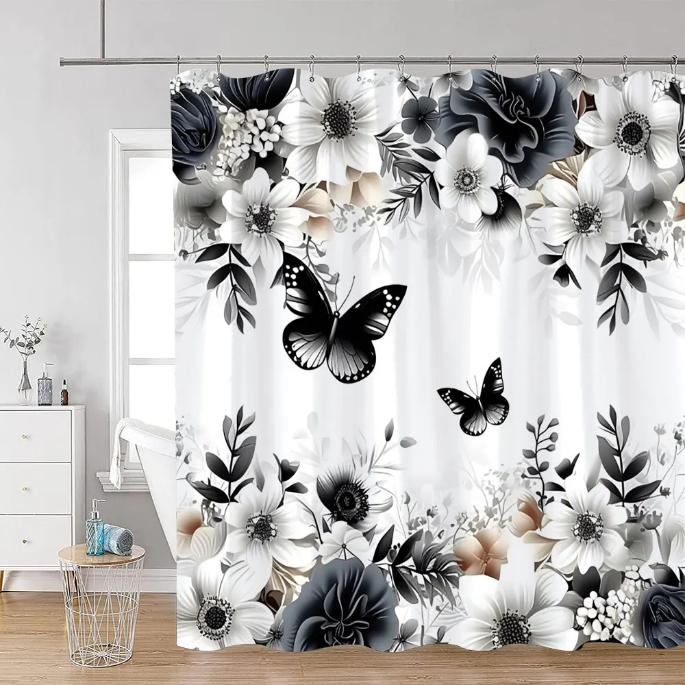 Floral Butterfly Shower Curtains Black and White Flowers Botanical Watercolour Art Modern Minimalist Bathroom Curtain Decor Sets