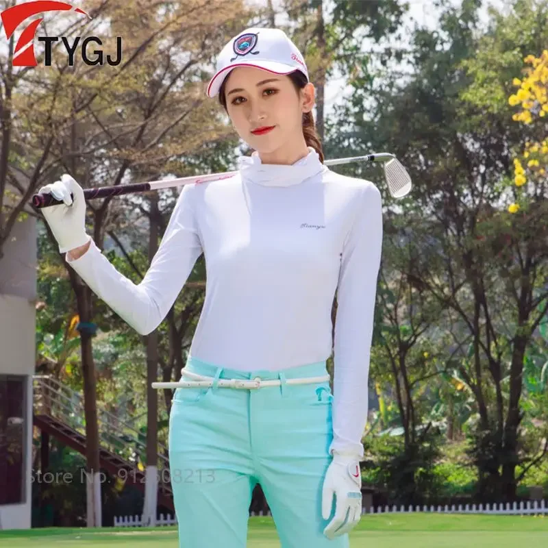 TTYGJ Female Velvet Warm Golf Shirt Long-sleeve Lady Windproof Sports T-shirts Golf Thicken Pullover Elastic Soft Tops with Mask