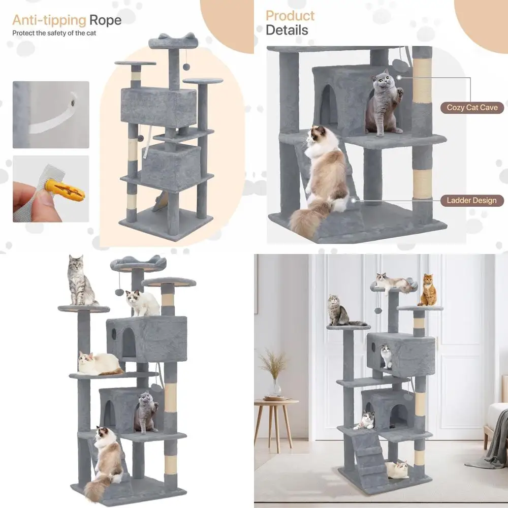 

Кошачье дерево для дома 55 дюймов с сизалевыми столбиками, 2 домиками, 3 лежанками, идеально для котят и кошек, светло-серое