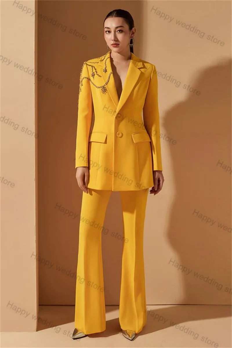 Crystal Yellow Women Suit Set 2 Piece Blazer+Flare Pants Formal Office Lady Wedding Tuxedo Prom Jacket Custom Made Coat Trousers