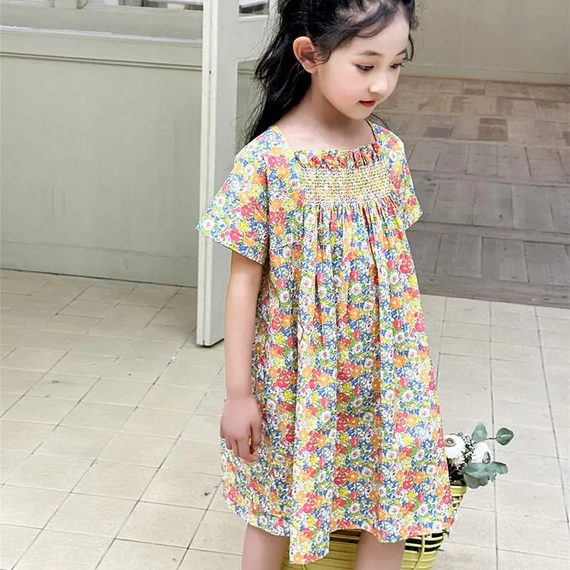 

2023 Fashion Summer Girl Party Dress Princess Floral Dress Children Smocking Dresses Teenager Girl Luxury Clothing