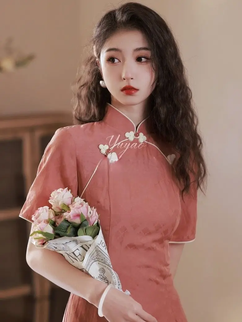 Women Red Cheongsam Summer Short Sleeve Vintage Dress Slim Daily Wear Elegant Chinese Traditional Short Qipao S To XXL