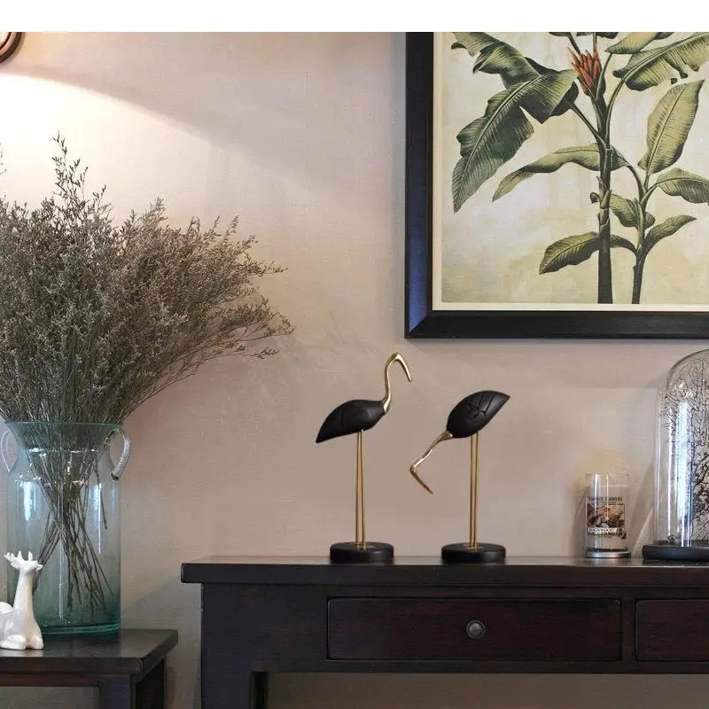 Retro Copper Cranes Artwork Statue Living Room Decoration Wooden Cents Crane Sculpture Crafts Ornaments Vintage Home Decor