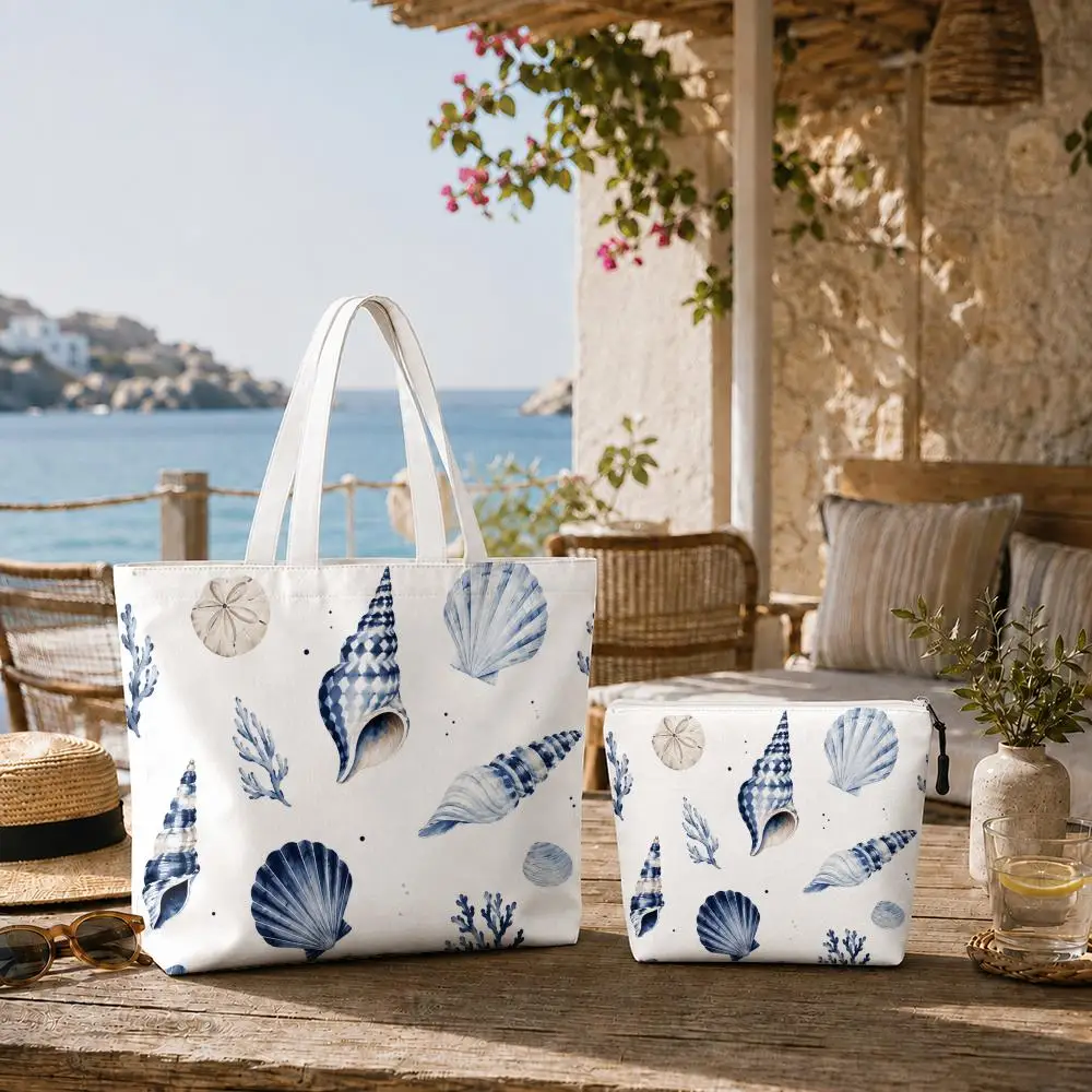 Simple Shell Storage Bags 2-Piece Set Double-Sided Print with Zipper Canvas Eco Tote Bag for Beach Travel Picnic