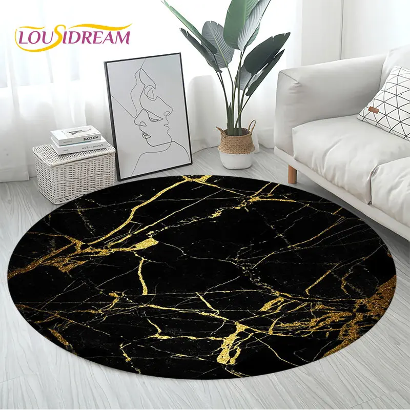 Colour Nordic Black Gold Blue Marble Round Area Rug,Circle Carpet Rug for Living Room Bedroom Sofa Decor, Floor Mat Kitchen Mat
