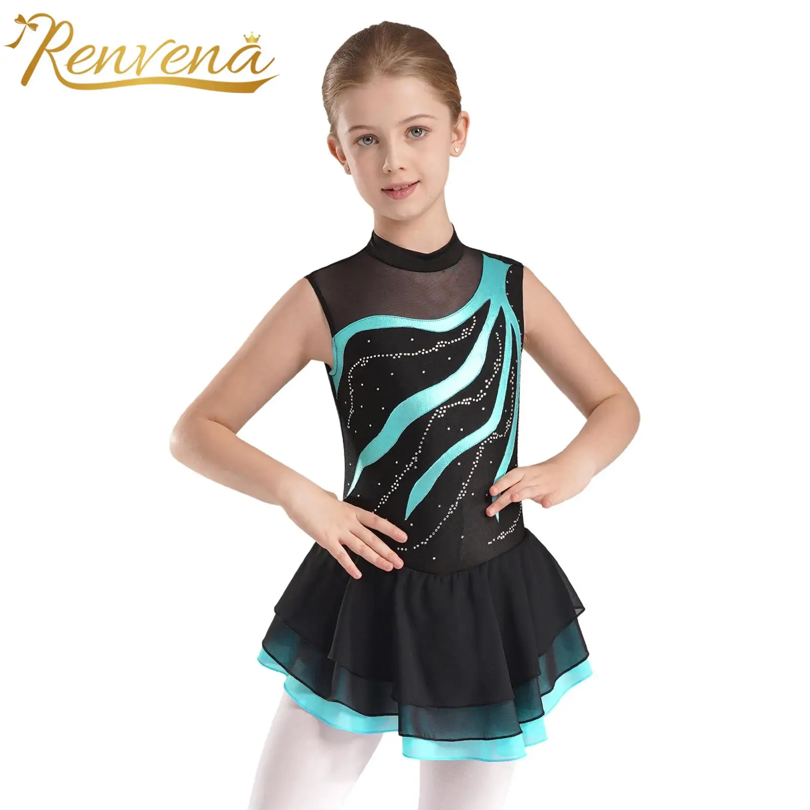 

Kids Girls Figure Skating Dress Lyrical Dance Ballet Gymnastics Leotard Tutu Stage Performance Dancewear Sleeveless Dresses